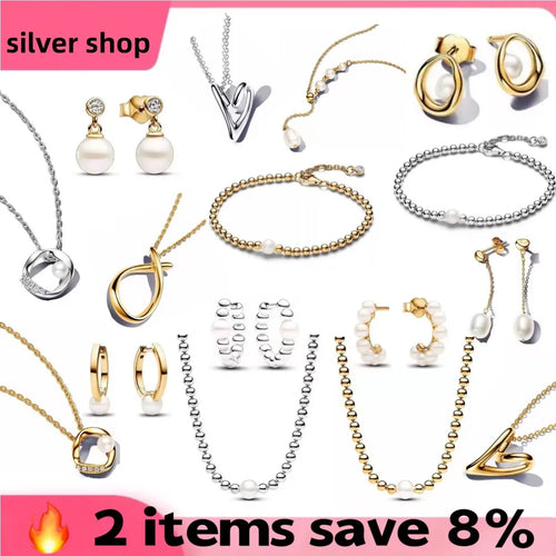 2025 Fashion 925 Sterling Silver Series Gold Pearl Irregular Organic Pearl Charm Earrings Necklace For Mother's Jewellery Gift